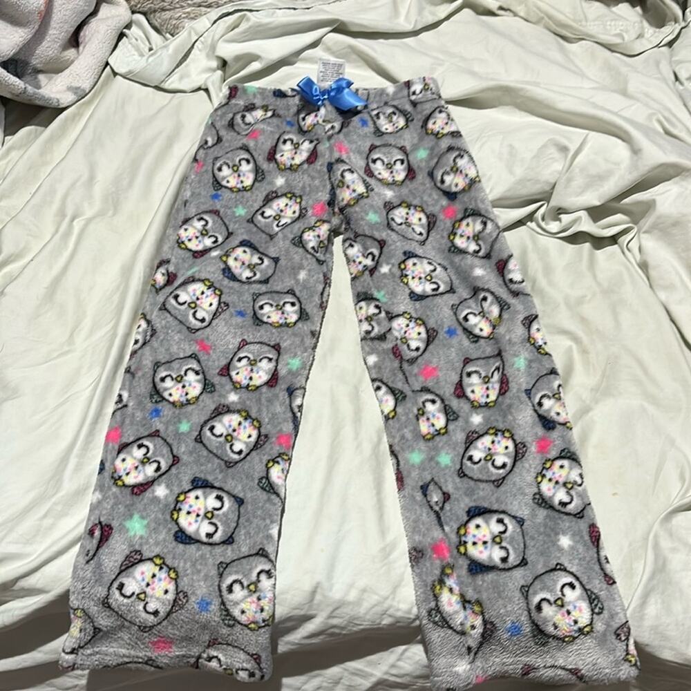 Members mark 6/6x grey fleece owl pants pj bottom elastic waist blue satin bow